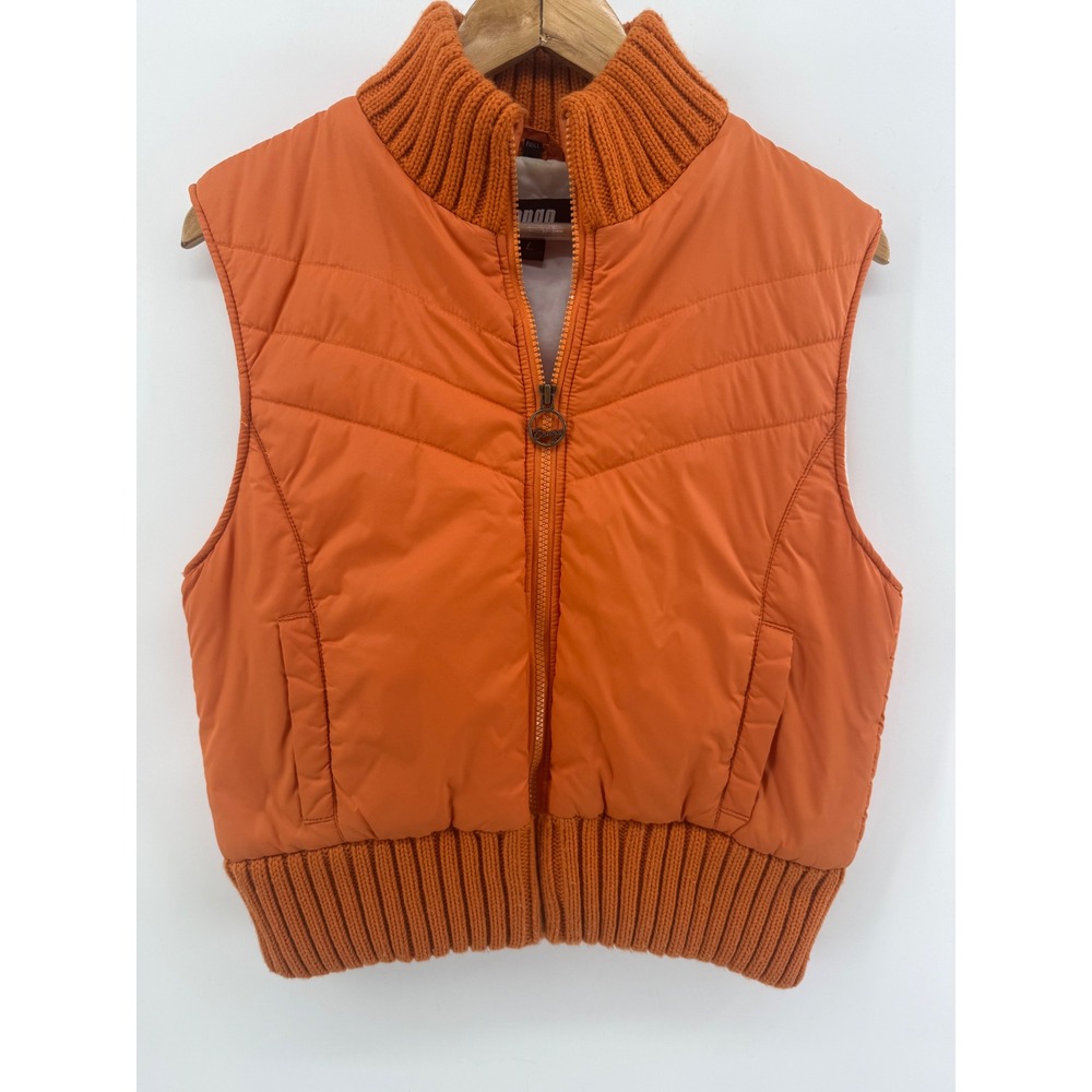 Bongo Womens Y2K Orange Puffer Vest Ribbed Knit Trim Chevron Quilted Size Large